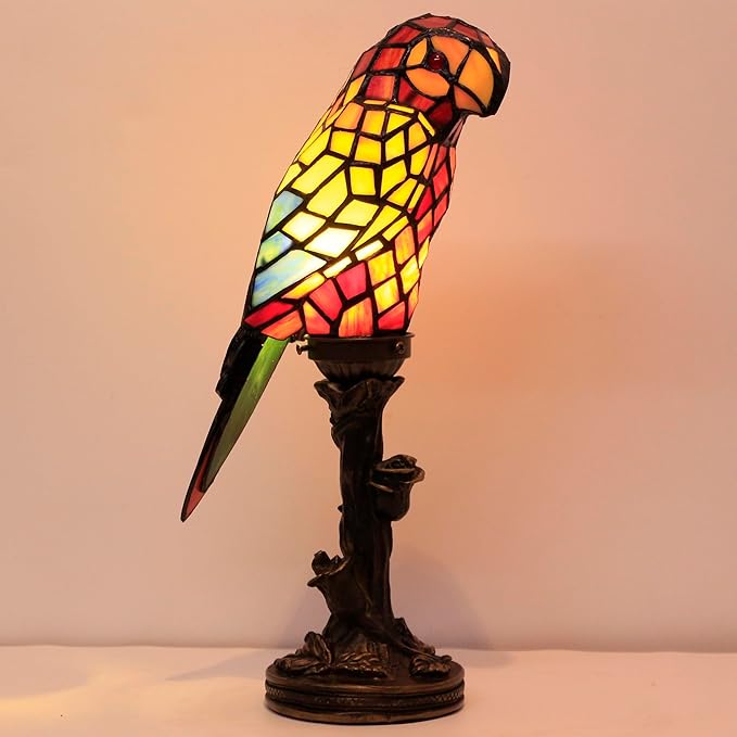 Small Tiffany Lamp Parrot Table Lamp Stained Glass Accent Lamp 15.3 Inch Tall Mini Desk Bedside Night Light for Kids Bedroom (Red) - Bloomnest