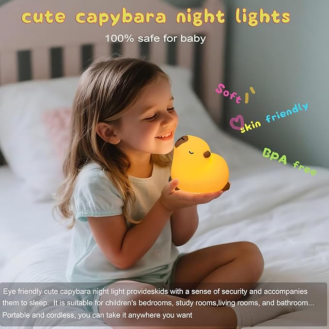 Cute Capybara Night Light, LED Capybara Lamp Rechargeable Touch Bedside Lamp,Squishy Animal Nightlight,3 Levels Dimmable,30Min Timer Nursery Night Light for Kids, Bedroom Baby Boys Girls Gifts - Bloomnest