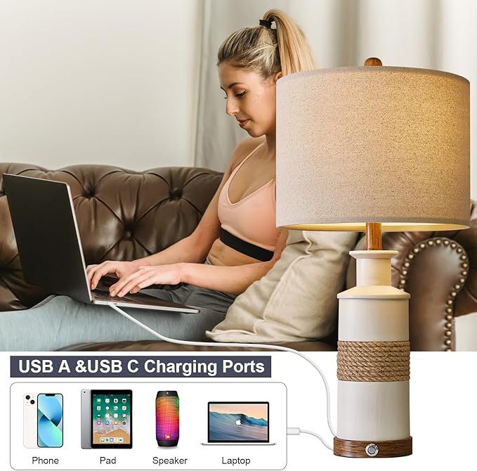 BOBOMOMO 24.5" USB A+C 3-Way Dimmable Touch Control Boho Table Lamp Set of 2 for Living Room Nightstand Beside Lamps for Bedroom(Include Two Bulbs) - Bloomnest