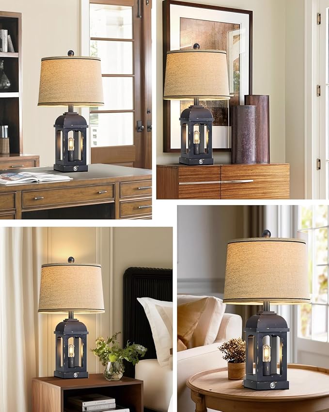 QiMH Table Lamp for Living Room, Farmhouse Lamps with USB A+C and Nightlight, 26" Rustic Bedside Lamps with 3-Way Dimmable Touch Control, Nightstand Lamp for Bedroom, Shabby Grey, 1 Pack - Bloomnest