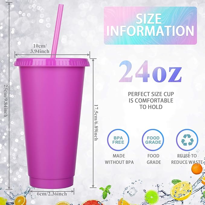 Honeydak 15 Pack Tumbler with Straw and Lid Bulk Water Bottle Iced Coffee Travel Mug Cup Reusable Plastic Cups for Party Birthdays 24-27 oz (Solid Color) - Bloomnest