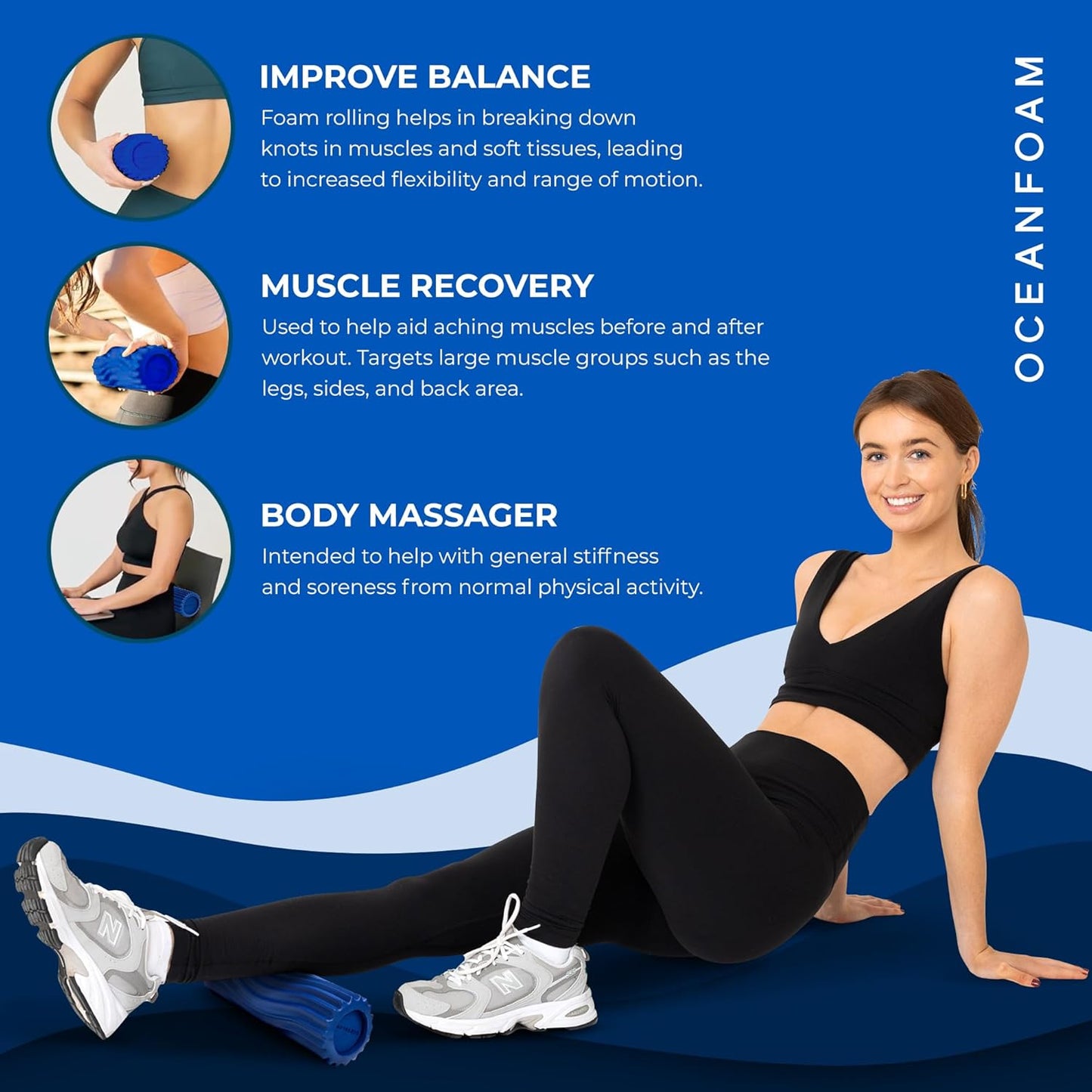 Oceanfoam x 4ocean Roller (Royal Blue) – Limited Edition Muscle Roller for Back Pain & Yoga - High Density Foam for Physical Therapy - Textured for Deep Tissue Massage
