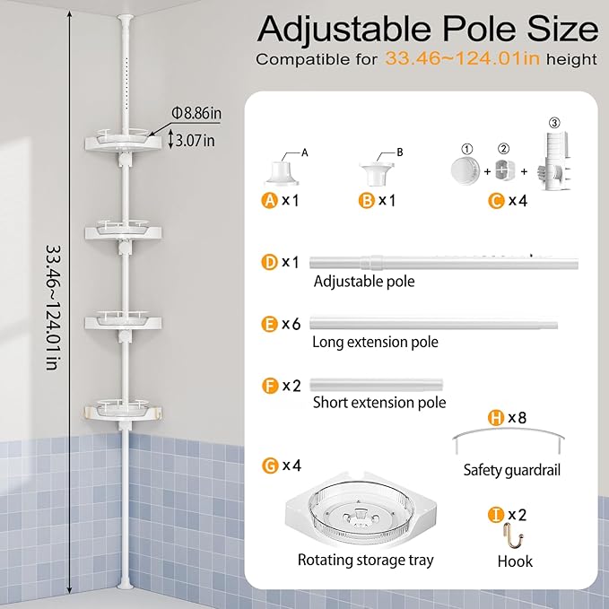 360° Rotating Corner Shower Caddy Tension Pole Organizer - 4-Tier Adjustable Rustproof Metal Pole, Plastic Shelves with Safety Guardrail, Bathroom Storage for Shower & Bathtub(White) - Bloomnest