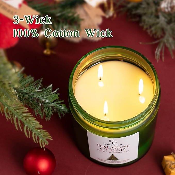 Large Christmas Candle Balsam Cedar Scented, 3-Wick 22oz Long Lasting Scented Candle, Natural Soy Wax Aromatherapy Candle for Home, Holiday Candle Gifts for Women Men - Bloomnest