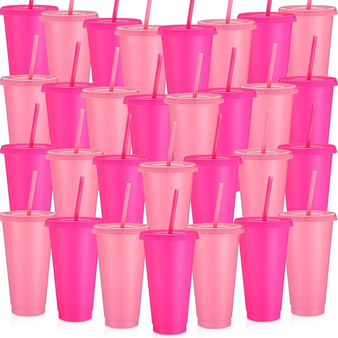 Honeydak 30 Pack Tumbler with Straw and Lid Bulk Water Bottle Iced Coffee Travel Mug Cup Reusable Plastic Cups for Party Birthdays 24-27 oz (Pink and Rose Red Color) - Bloomnest