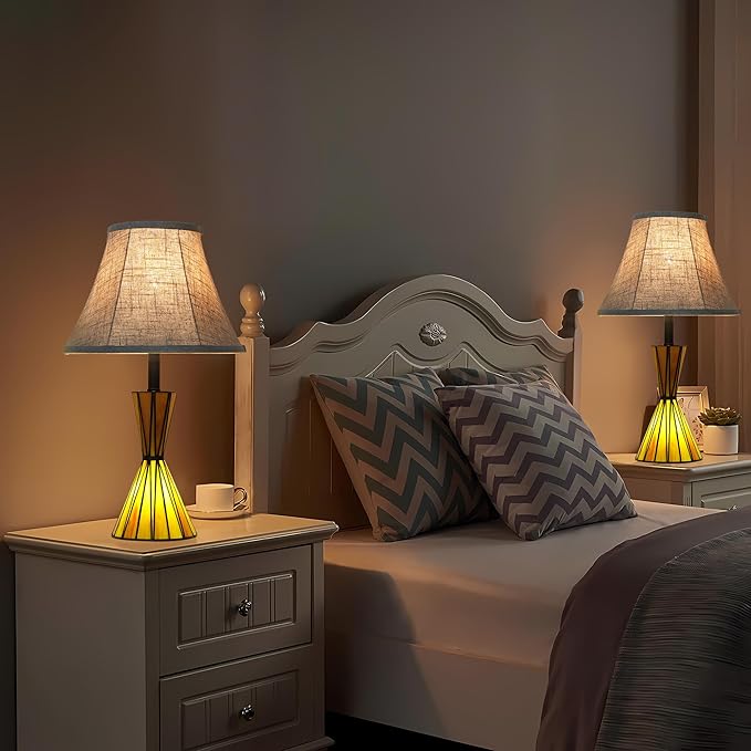 Stained Glass Table Lamps for Living Room 3-Way Dimmable Bedside Desk Lamps with 12 inches White Shade for Living Room Home Office - 2 LED Bulbs Included - Bloomnest