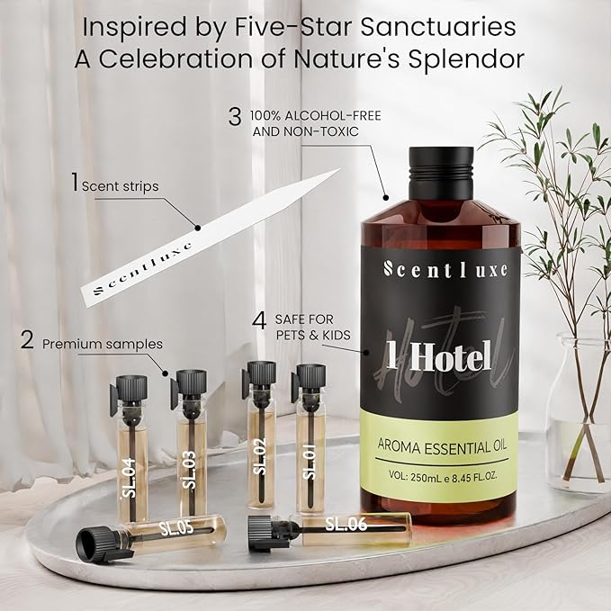 Hotel Diffuser Oil & Aroma Essential Oil Blend Luxury 1 Hotel Inspired Aromatherapy with Jasmine, Pink Pepper, Pineapple, Cedar & Amber for Ultrasonic Diffusers & Nebulizers - 8.45 fl oz, 250 mL - Bloomnest