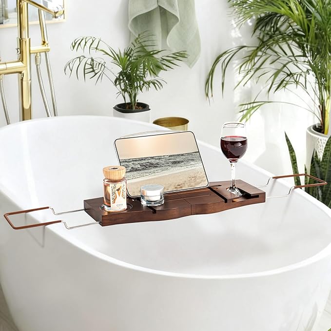 Teak Bathtub Tray Expandable Bathroom Tray for Home Spa Relaxation, Wooden Tray Caddy for Bathtub, Teak Bathtub Caddy as Unique Housewarming, Birthday, Wedding Shower Gifts. Dark Walnut - Bloomnest