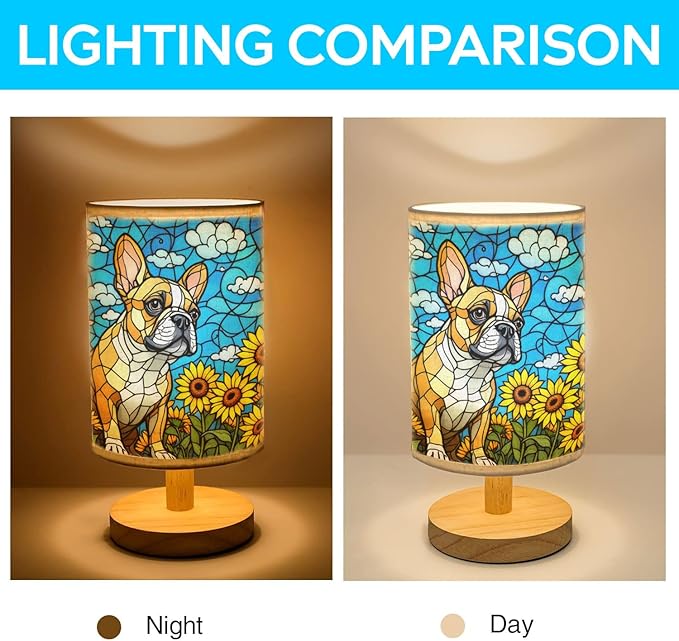 French Bulldog Table Lamp LED 3-Color Pressed Bedside, Dog Shade Lamp with Wood Base for Bedroom Living Room Desk Office - Bloomnest