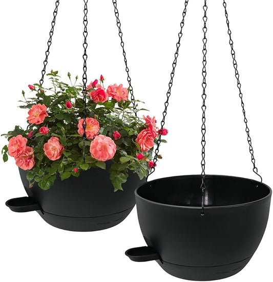 WOUSIWER Self Watering Hanging Planters, 2 Pack 10'' Plastic Pots with Drainage Holes & Reservoir Tray (Black) | Indoor & Outdoor Use for Ferns, Ivy, Herbs, Succulents - Bloomnest