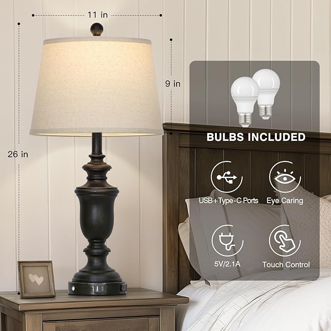 26" Black Table Lamps Set of 2 with USB C+A Ports & AC Outlet for Farmohouse Living Room Retro Bedroom,3-Way Dimmable Touch Lamp Resin Bedside Lamps for Nightstand Side End Table,Black - Bloomnest