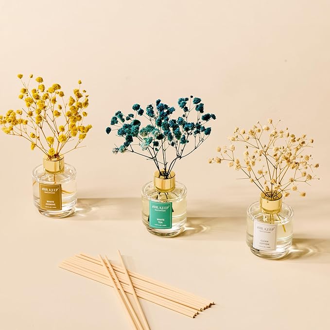 Airkeep Reed Diffuser Set of 3,Clean Cotton White Jasmine White Tea Oil Reed Diffusers for Bedroom Living Room Office Aromatherapy Oil Reed Diffuser for Gift 50ml x 3 - Bloomnest