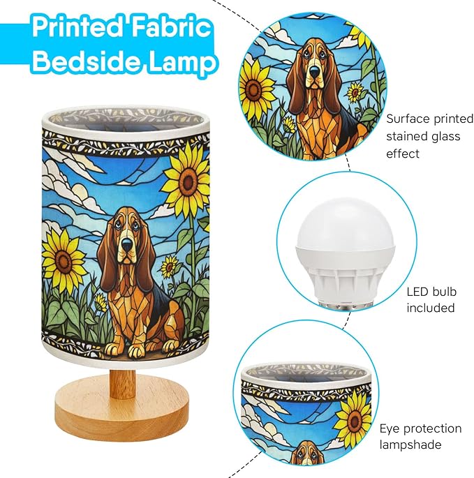 Basset Hound Table Lamp LED 3-Color Pressed Bedside, Dog Shade Lamp with Wood Base for Bedroom Living Room Desk Office - Bloomnest