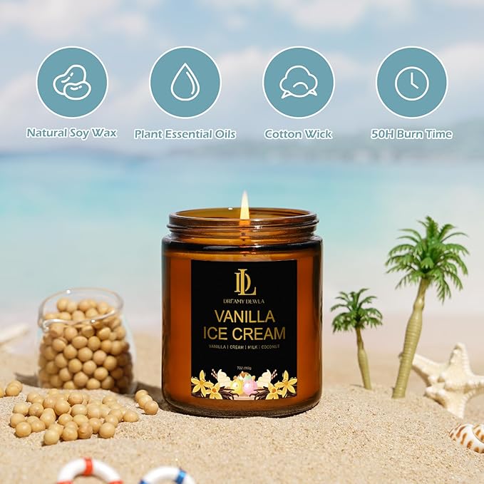 Vanilla Ice Cream Candles, 7oz Vanilla Ice Cream Scented Candle, Natural Soy Candles for Home Scented, Long Lasting with 50 Hour Burn Time, Gifts for Men Women - Bloomnest