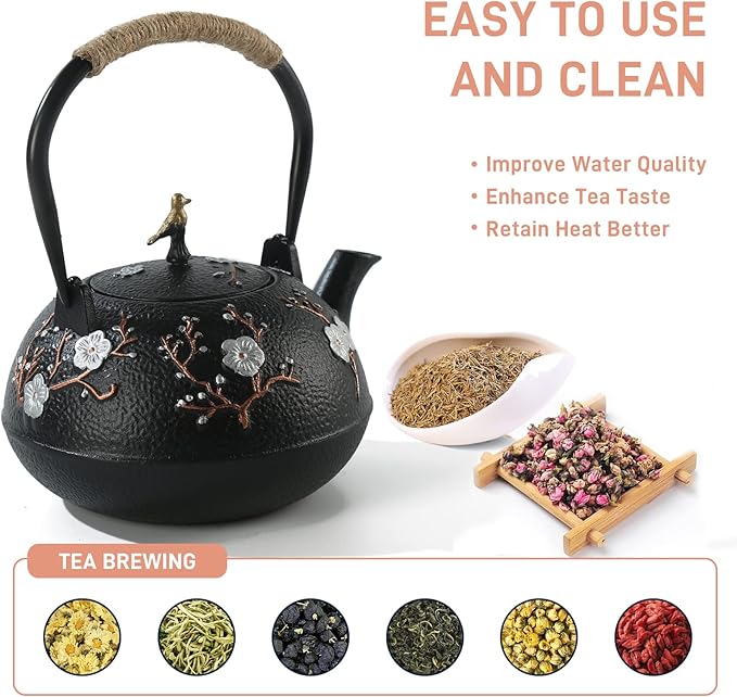 Cast Iron Teapot SECHUDO Teapot for Stovetop Safe Coated with Enameled Interior,Japanese Beautiful Tea Kettle with Stainless Steel Infuser for Loose Tea (40.6oz/1200ml) - Bloomnest