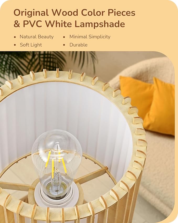 EDISHINE 14.17" Small Table Lamp, Wood Tripod Bedside Lamp, Natural Wood-Colored Hollow & White PVC Shade, E26 Base, Boho Nightstand Lamp for Bedroom, Living Room, Office, Study - Bloomnest