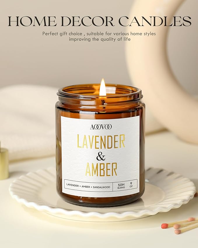 AOOVOO Lavender Amber Candles - 9 oz Scented Candles, Aromatherapy Candle, Soy Candle for Home Scented - Bloomnest
