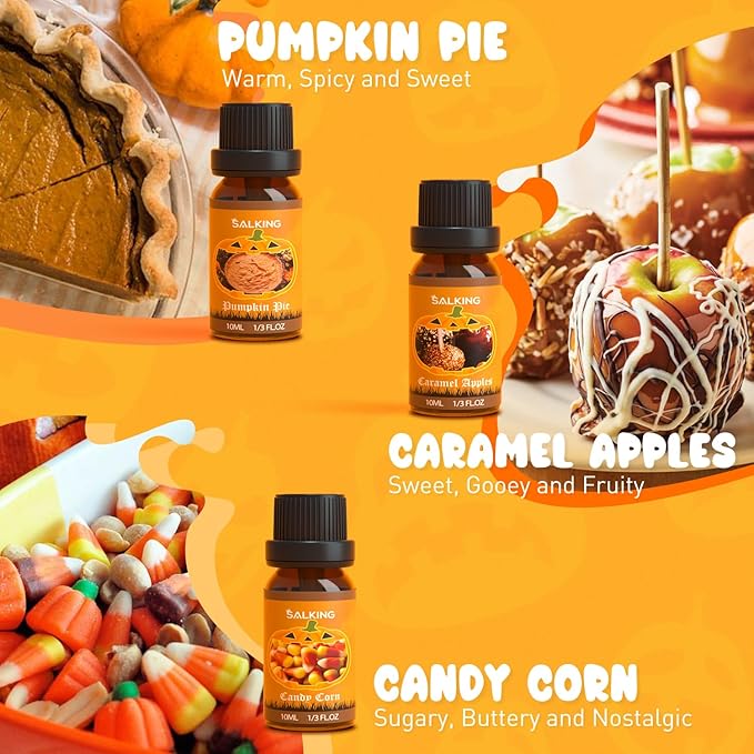 SALKING Halloween Fragrance Oils, Premium Essential Oils for Diffuser, Scented Oils Gift Set for Soap Candle Making - Pumpkin Pie,Caramel Apples,Candy Corn, Snickerdoodle, Caramel Corn, Apple Cider - Bloomnest