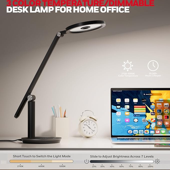 Honeywell Desk Lamp for Home Office, H6 Sunturalux™ Eye-Caring Led Desk Light, 800LM Dimmable Desk Lamp with Timer, Touch Control Tall Desk Reading Light, Table Lamp for Circle Webcam, Study, Bedroom - Bloomnest