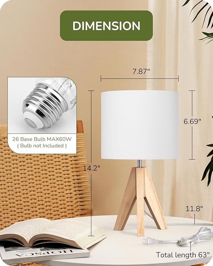 EDISHINE Small Cute Table Lamp, Wood Tripod Nightstand Lamp, Mid Century Bedside Lamp with Linen Fabric Shade for Nursery, Living Room, Bedroom, End Table, UL Listed, 14.2 Inch, ON/Off Switch - Bloomnest