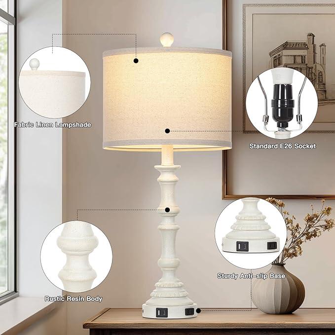 27.5" White Tall Lamp for Living Room, Vintage Farmhouse Table Lamps Set of 2 with USB C+A Ports & AC Outlet, 3-Way Touch Control Bedside Lamps, Rustic Bedroom Lamp for Nightstand Side Table - Bloomnest