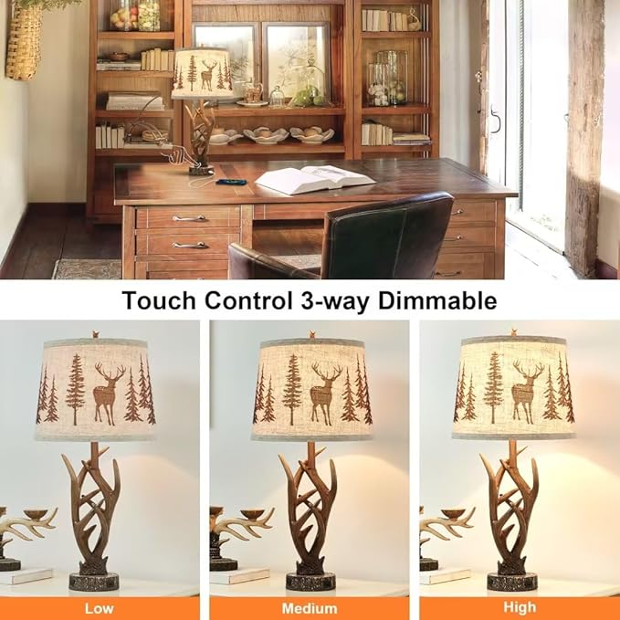 Dungoo 26" Touch Control Antler Table Lamps Set of 2, 3-Way Dimmable Rustic Lamp with 2 USB Ports, Natural Antler Lamp with Deer Forest Lampshade Farmhouse Lamps for Living Room Foyer - Bloomnest