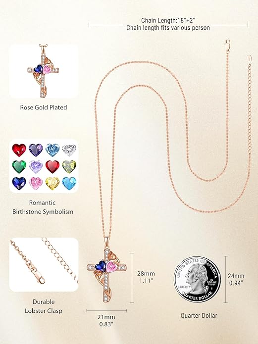 Rose Gold Dual Birthstones Cross Necklace for Women Rose Flower Jewelry Anniversary Christmas Mother's Valentine's Day Birthday Gift for Wife Girlfriend Mom - Bloomnest