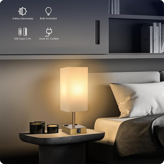 Bedside Lamp with USB Ports - Touch Control Table Lamp for Bedroom with USB C+A Ports & AC Outlets, 3 Way Dimmable Nightstand Light with Pleated Shade for Living Room(Bulb Included) - Bloomnest