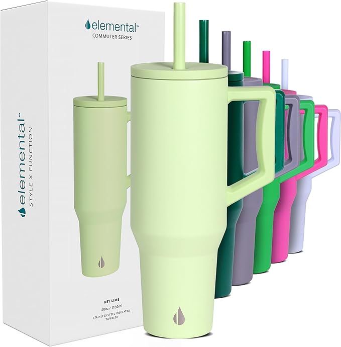 Elemental 40 oz Tumbler with Handle and Straw - Spill Proof Insulated Stainless Steel Commuter for Hot and Cold Beverages - Travel Coffee Mug with 2 Straws & Spill Proof Lid - 40oz - Key Lime - Bloomnest