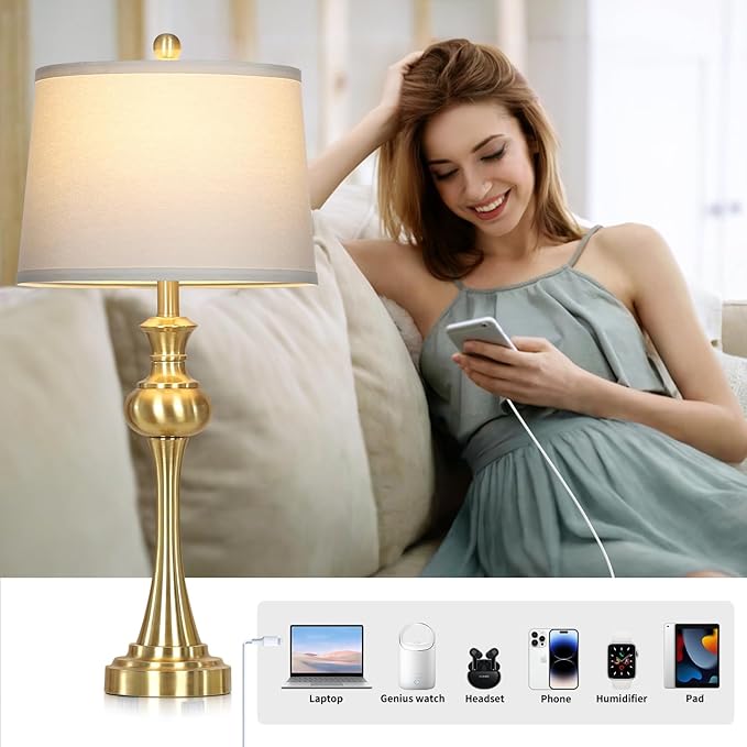28.75" Gold Table Lamps Modern 3-Way Touch Control Dimmable Bedside Lamp with USB A+C Ports & AC Outlets for Living Room Bedroom Nightstand Lamp (Bulb Included) - Bloomnest