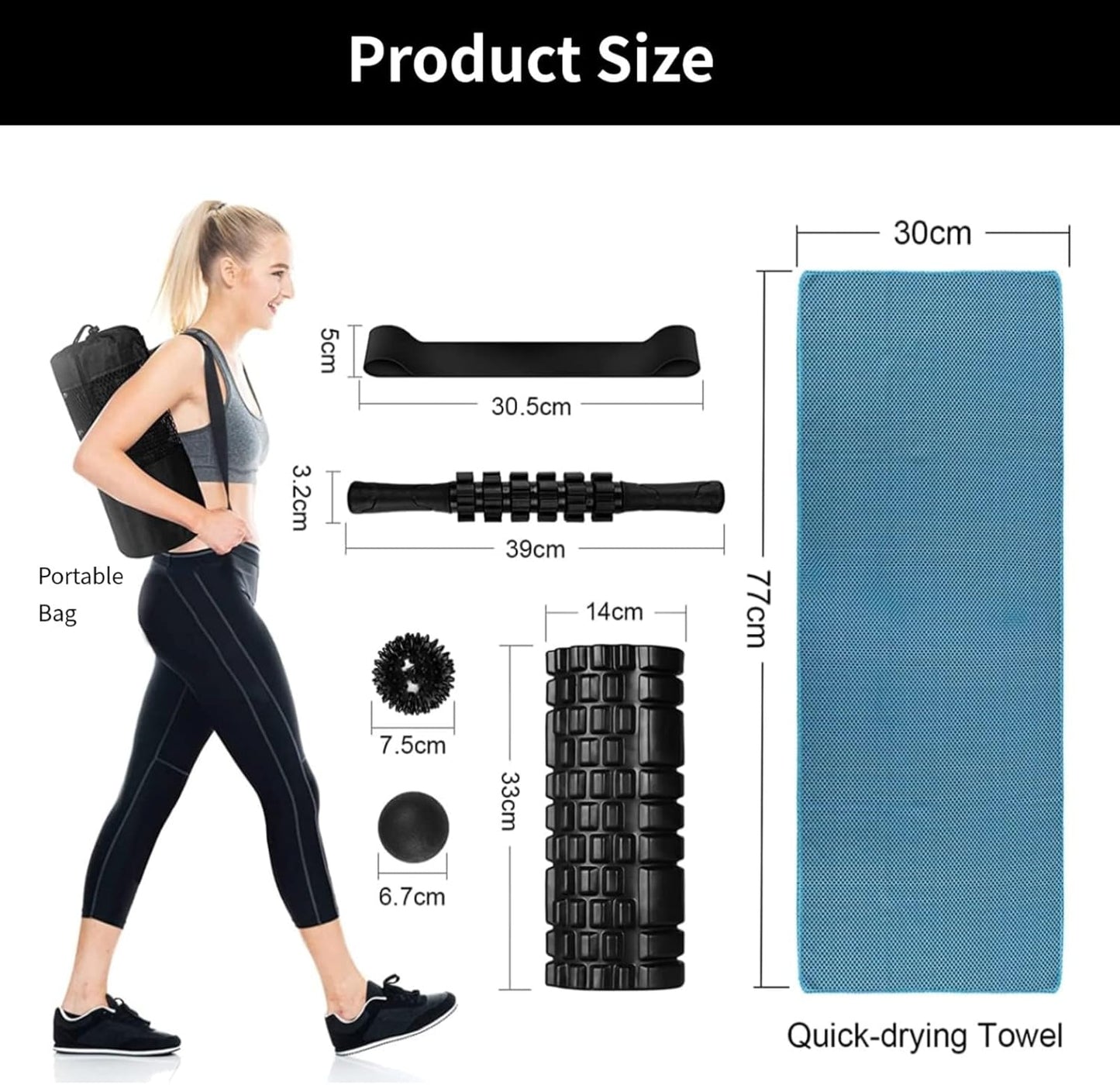 6 in 1 Foam Roller Set Includes Hollow Core Massage Roller, Yoga Stick, Massage Ball, Fitness Stretching Strap, Carrying Bag, Towel, Massage Roller (Black)