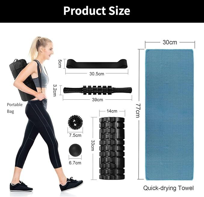 6 in 1 Foam Roller Set Includes Hollow Core Massage Roller, Yoga Stick, Massage Ball, Fitness Stretching Strap, Carrying Bag, Towel, Massage Roller (Black) - Bloomnest