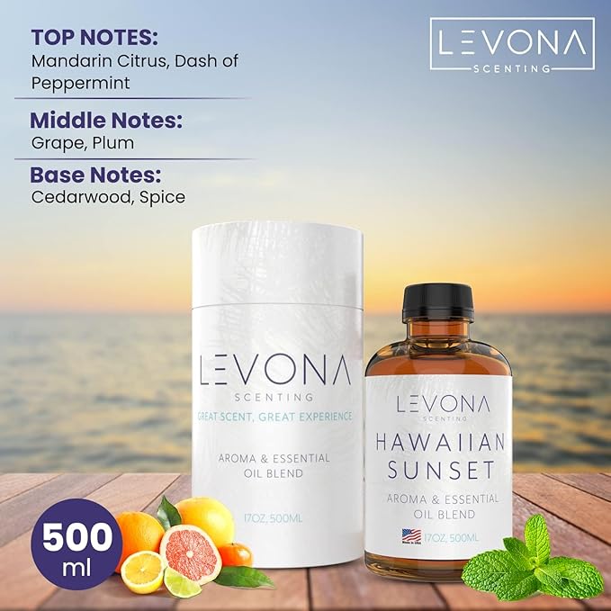 Levona Scent Essential Oils For Diffusers For Home Luxury Scents - Hawaiian Sunset Aroma Oil - Fragrance Oil With Mandarin Citrus + Dash Of Peppermint Essential Oil - 500Ml Oil Diffuser Essential Oils LEVONASCENT
