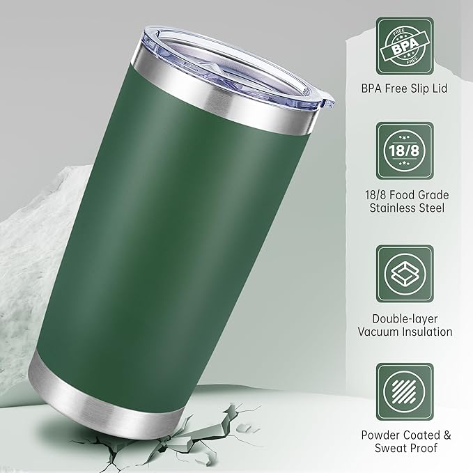 20 oz Tumblers Bulk Stainless Steel Tumbler with Lid Double Wall Vacuum Insulated Coffee Mug 20oz Powder Coated Cup for Hot and Cold Drinks, Dark Green, 12 pack - Bloomnest