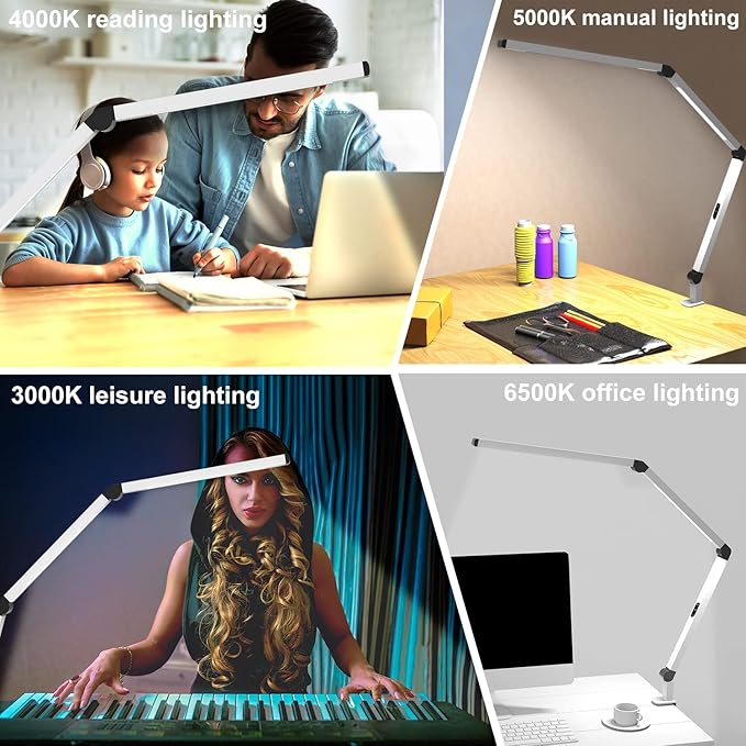 Micomlan LED Desk Lamp with Clamp, Dual Light Table Lamp with Adjustable Swing Arm, Eye-Care 4 CCT Modes & 5 Brightness Levels Clip-on Architect Modern Desk Light for Home Office Crafting Sewing - Bloomnest