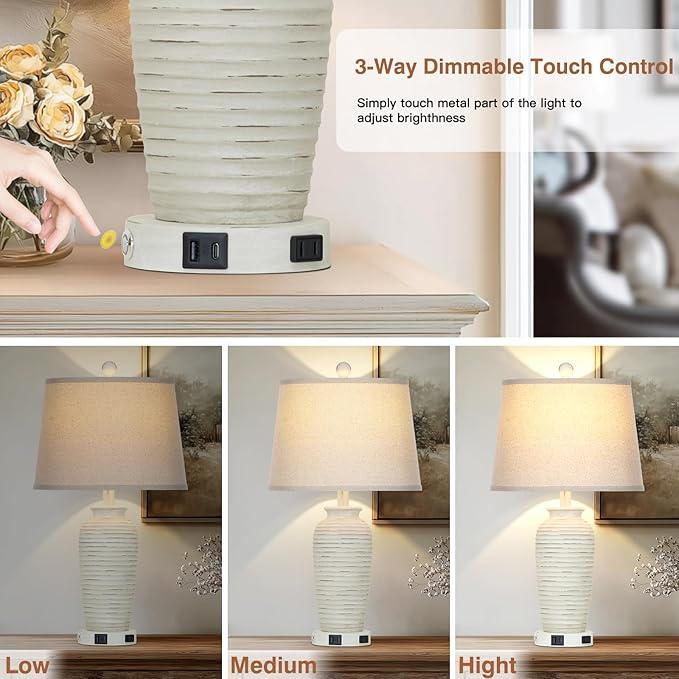 25" Retro White Farmhouse Jar Table Lamps Set of 2, 3 Way Touch Control Rustic Bedside Lamps with USB A+C Ports & AC Outlet, Pot Nightstand Lamps for Bedroom Living Room (LED Bulbs Included) - Bloomnest