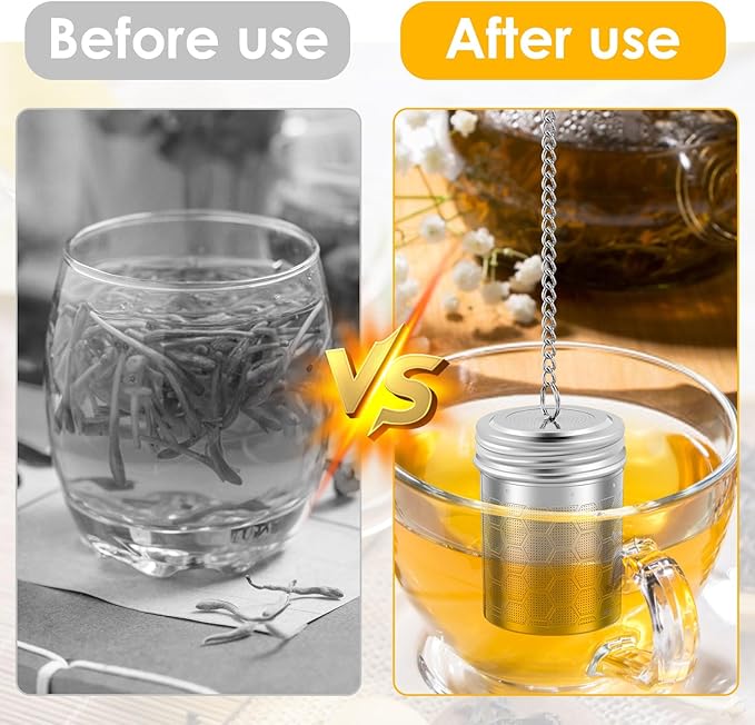 4PCS Tea Infuser Strainers with Drip Tray 304 Stainless Steel Tea Filter Strainer with Chain Hook Fine Mesh Tea Infuser Steeper Reusable Tea Strainers Easy to Use for Loose Tea Mulling Spices
