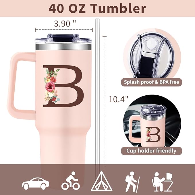 Monogrammed 40oz Tumbler with Handle for Women, Personalized Birthday Gifts for Women,Initial Cups for Girl Floral Letter B,Customized Gifts for Woman Lady Gift for Mothers Day Christmas - Bloomnest