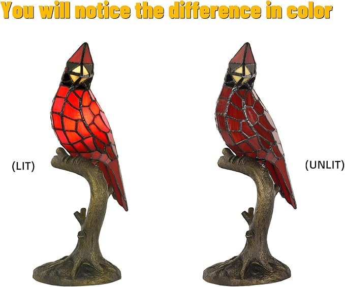 Cardinal Tiffany Style Accent Table Lamp in Height 14.5" Overall, Handmade Stained Glass Red Bird Lamp for Bedside Livingroom Bedroom Home Decoration (Red Cardinal) - Bloomnest