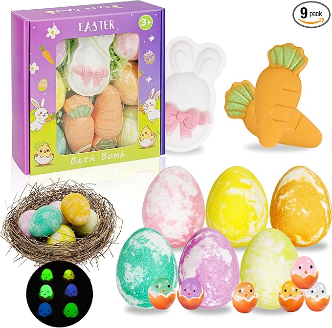 Kids Bath Bombs with Surprise Inside: 9 Pcs Natural Organic Egg Bunny Shaped Basket Stuffers for Kid Girls Boys Bubble Bathbombs Fruit Scented Spa Birthday Gift Set Party Favors Children 3+ Year Old - Bloomnest