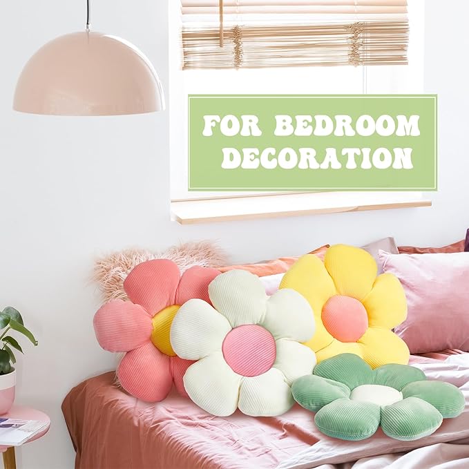 Reginary 4 Pcs Flower Floor Pillows Cute Plush Flower Throw Pillows Daisy Floor Seat Cushion Chair Pads for Back to School First Day of School for Sofa Couch Bed Decor(15 Inch,Light Color) - Bloomnest