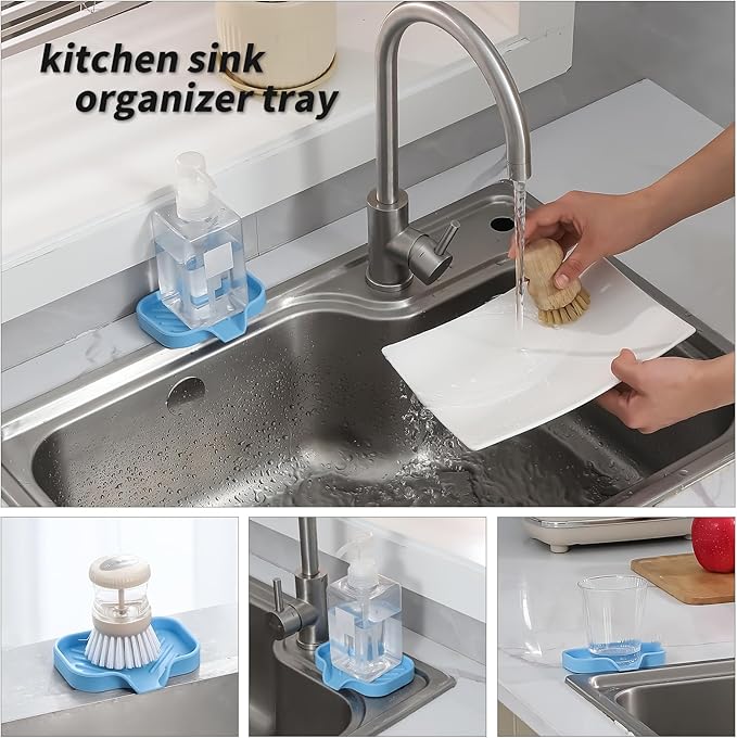 Silicone Bathroom Soap Dishes with Drain Spout-Bathroom and Kitchen Sink Organizer,Sponge Holder,Dish Soap Tray,Perfect for Dispenser,Scrubber,Bottle on Sink or Counter-Light Blue 4.9"×3.2" - Bloomnest