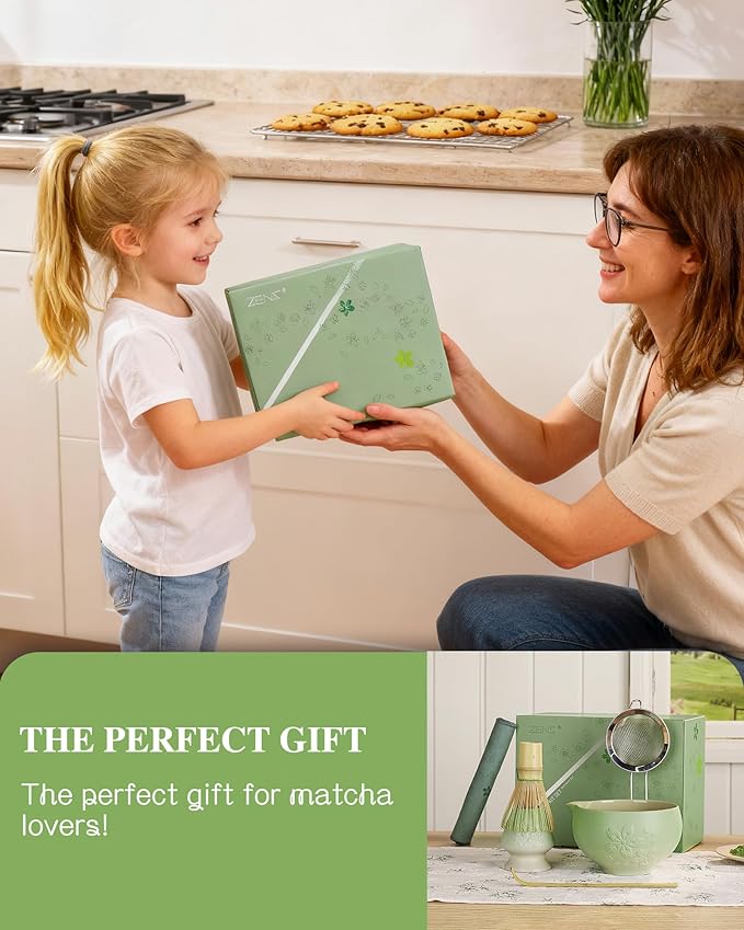 ZENS Matcha Whisk Set, Ceramic Matcha Tea Set with 15oz Sakura Bowl and Bamboo Whisk & Scoop, (Chasen Holder), Stainless Sifter-Tea Towel, 6pcs Matcha Kit for Matcha Lovers, Green - Bloomnest