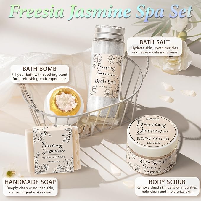 Spa Gifts for Women Bath Gift Set, Freesia & Jasmine Relaxing Spa Gift Basket Home Bath Set Self Care Kit Care Package Thank You Birthday Valentines Day Gifts for Her Women Mom Friend Teen Girl Wife