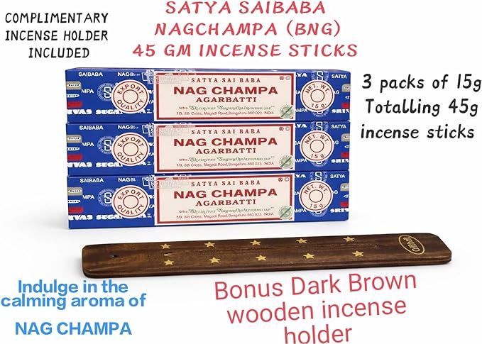 Satya Nag Champa 15grams x 3 Packs Incense Sticks with Giftbrit Incense Sticks Holder for Positivity, Meditation, Relaxation, Yoga, Healing