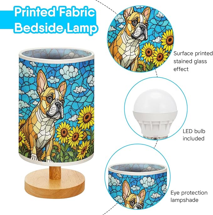 French Bulldog Table Lamp LED 3-Color Pressed Bedside, Dog Shade Lamp with Wood Base for Bedroom Living Room Desk Office - Bloomnest
