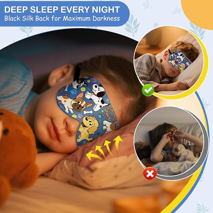 Kids Silk Sleep Mask: 100% Mulberry Silk Eye Mask with Adjustable Strap, Cute Sleeping Blindfold for Boys Girls Teens, Soft & Lightweight Eye Shade for Travel, Nap, Bedtime (Dogs Style) - Bloomnest