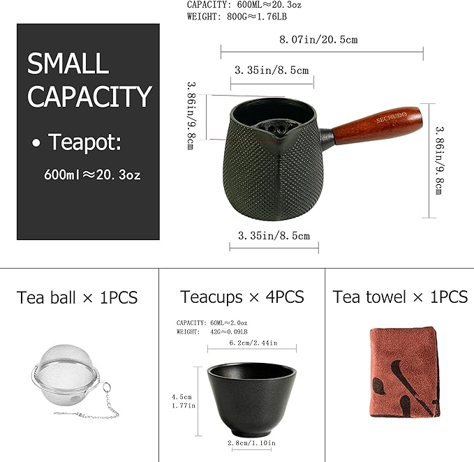 Small Cast Iron Teapot, Japanese Tea Kettle without Lid, 20.3 fl oz Tea Set with Stainless Steel Teacups, Tea Ball for Loose Leaf, Wooden Side-handle Tea Pot for Stovetop Safe(600ml) - Bloomnest