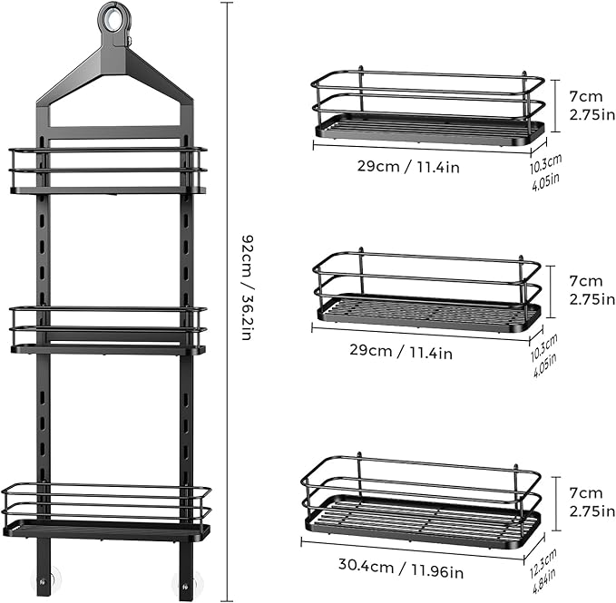 ODesign 3 Tier Height-Adjustable Shower Caddy Hanging Hanger Anti-Swing-Over The Shower Head Caddy-Shower Storage Organizer Bathroom Shelves Basket Shower Caddies-Black,11.9" x 4.84" x 36.2" - Bloomnest