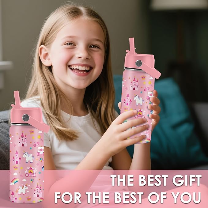Unicorn Gifts 16 oz Water Bottle with Straw Lid, Stainless Steel Insulated Bottle, Leak Proof, BPA - Free, Cute Castle & Unicorn Tumbler for Birthday, Christmas, Daily Use, Travel (1pc) - Bloomnest